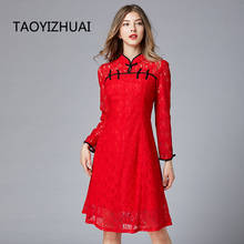 Taoyizhuai vestido de renda cheongsam, estilo chinês, tamanho grande, botão de gola virada, cor vermelha, festa de festival 2024 - compre barato
