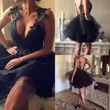 Sexy Deep V-Neck Black Short Homecoming Dresses 2021 A-Line Sleeveless Appliques Mini Party Prom Gown Backless Above Knee 2024 - buy cheap