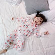 Весенняя Хлопковая пижама в виде клубники для девочек, милый кружевной пижамный комплект с подолом, летняя детская одежда для сна для девочек от 3 до 4 лет, длинный расклешенный рукав 2024 - купить недорого
