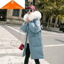 Зимнее длинное женское пуховое пальто с большим меховым капюшоном, теплая плотная тонкая куртка, женская одежда Hiver 92007 2024 - купить недорого