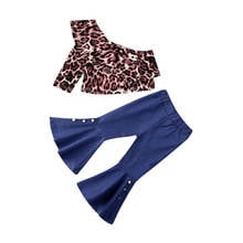 New Kids Baby Girl Clothes Leopard Off-Shoulder Tops+Flared Denim Pants Outfits 2024 - buy cheap