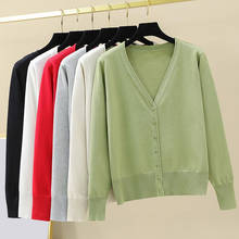 Весенне-осенний Новый свитер, однотонный вязаный кардиган с длинными рукавами, пальто, повседневный топ из тонкой ткани с v-образным вырезом для женщин 2024 - купить недорого