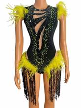 Women Dancer Singer Stage Wear Birthday Prom Celebrate Outfit Black Sequin Fringe Yellow Rhinestone Feather Bodysuit 2024 - buy cheap