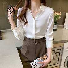 Camisa feminina branca de manga longa, camisa de seda cetim para escritório, 8 cores, básica, outono 2021, t11001x 2024 - compre barato