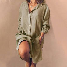 Abotonada-Vestido camisero de manga larga para mujer, ropa holgada, fruncida, liso, Color liso, Sexy, 4xl 5xl de talla grande, con bolsillos 2024 - compra barato