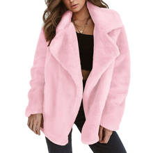 Модное зимнее плюшевое Женское пальто из искусственного меха, Свободное пальто с отворотом, толстое теплое женское однотонное повседневное пальто, блуза, большие размеры 2024 - купить недорого