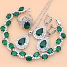 925 joias de prata gota d' água verde zircão branco cz mulheres conjuntos de joias brincos/pingente/colar/anéis/pulseira 2024 - compre barato