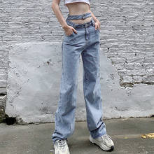 Calça feminina reta e longa de cintura alta vazada, jeans de pernas largas com cintura alta, azul claro, 2021 2024 - compre barato