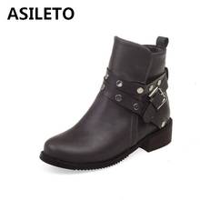 ASILETO Woman Winter Warm Ankle Boots Round Toe Square Heel Slip on Belt Buckle Rivets Platforms Plus size 32-45 Casual S1764 2024 - buy cheap