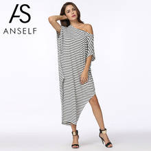 Anself Women Loose Long Striped Dress Batwing Sleeve One Shoulder Split Asymmetric Oversized Dress Casual 5XL Plus Size Dresses 2024 - buy cheap