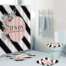 Cortina de ducha con diseño de rayas y flores para el baño, visillo de ducha de color blanco y negro, con frase de flores de color rosa Pastel, tapete de alfombra 2024 - compra barato