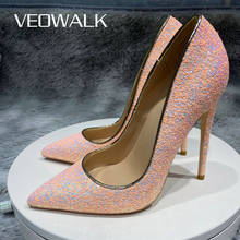 Veowalk sapato de salto alto feminino, sapato de salto para mulheres elegantes, de couro sem ponta, brilhante, 8cm 10cm 12cm 2024 - compre barato
