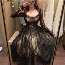 Korean French Style V-Neck Lace Women Solid Color V-Neck Dress 2021 Gentle Sweet Waist Closing Medium Length Dress 2024 - buy cheap