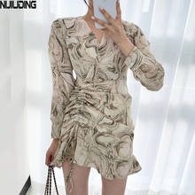 Женское шифоновое платье, короткое плиссированное платье с длинным рукавом, V-образным вырезом и шнуровкой, в стиле ретро, весна 2021 2024 - купить недорого