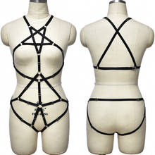 Pentagrama cinto de gaiola corpo sexy, body preto, conjunto de corpo de bondage vazado, lingerie peito aberto, arreio, conexão de sutiã, g-string 2024 - compre barato