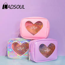 Ladsoul Women Cosmetic Cases Bling Diamonds Hologram Heart Girl PU Make up Bag Case Travel Toiletry Bags Pouch Storage Bag 2024 - buy cheap