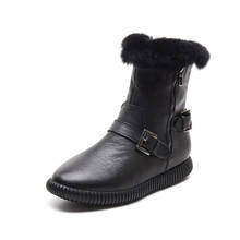 Bota feminina de couro legítimo 2019, sapatos baixos, com fivela, quentes, de neve, com pelúcia, preto e branco, bota feminina 2024 - compre barato