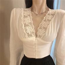 Heydress 2020 Women Autumn Women Lace V-neck Long Sleeve White Blouse Ladys Elegant Botton Sexy Tops Female Hollow Out Shirts 2024 - buy cheap