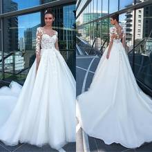 New O-neck Tulle Skirt Applique Flowers A-line Wedding Dress Long Sleeve Turkey Bridal Gowns Lace Wedding Dresses 2021 2024 - buy cheap