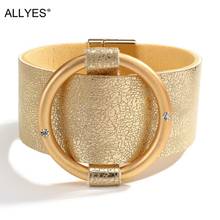ALLYES Champagne Leather Bracelet for Women Metal Circle Charm Crystal Wide Wrap Bracelet Female Jewelry 2024 - buy cheap