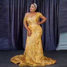 New Gold Aso Ebi Evening Gowns Plus Size Short Cap Sleeves Mermaid With Train Embroidery Zipper Back Custom Made Prom Dresses 2024 - buy cheap