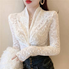 Spring and Autumn Women's Lace Bottoming Shirt New Fashion Hollow Sexy V-neck Long Sleeve Elegant Lady Mesh Gown Tops Clothing 2024 - compre barato