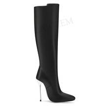 LAIGZEM Women Knee High Boots Faux Leather Stiletto 12.5CM Metal Heels Boots Side Zip Shoes Woman Botas Mujer Big Size 39 43 44 2024 - buy cheap