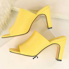 2021 Women 8.5cm High Heels Mules Yellow Slides Plus Size 43 Lady Thick Block Heels Slippers Sexy Summer Peep Toe Platform Shoes 2024 - buy cheap