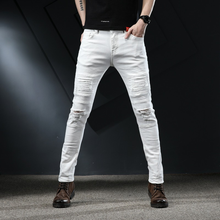 Wihte-jeans destruído até o joelho, jeans de algodão de alta qualidade, estilo hip hop, rasgado, com buracos, estilo slim fit 2024 - compre barato