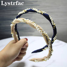 Lystrtac-Diadema de perlas con diamantes de imitación para mujer, bandana con nudo cruzado para niña, Aro para el pelo estrecho, accesorios para el cabello Retro para mujer 2024 - compra barato