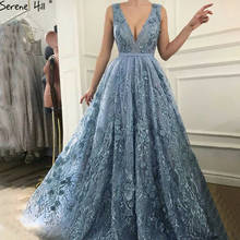 Serene Hill-vestido de noche azul hecho a mano, con flores y perlas, Sexy, con cuello en V, sin mangas, Formal, para fiesta, a medida, CHM66729, 2020 2024 - compra barato