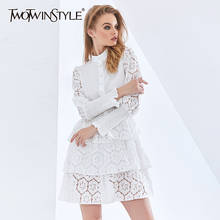 Twotwinstyle-vestido feminino de verão com renda bordada, cor sólida, manga longa, cintura alta, vestido branco feminino, 2021, novo 2024 - compre barato