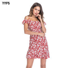 YYFS 2019 summer women's new chiffon dress Europe and the United States ruffled off-the-shoulder floral dress 2024 - buy cheap