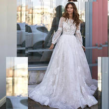 Boho Wedding Dress A-Line O-Neck Lantern Sleeve Lace Appliques Button Tulle Floor Length Sweep Train Bridal Gown Custom Made 2024 - buy cheap