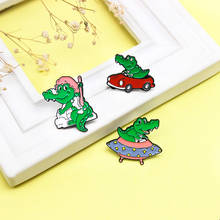 Crocodile Enamel Brooch Green cartoon animal Swampy Free  drive a car airship UFO Lapel Pin brush Bath cap Bubbles stars badge 2024 - buy cheap