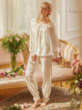 Fashion Cotton Lace Women's Long Sleeve Pajamas Sets Autumn Spring Vintage Nightsuits Sweet Girls' Loose Nightwear 2024 - buy cheap