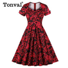 Tonval Button Front High Waist Wrap Red Flower Floral Elegant Dress Midi Pleated Women Retro Vintage Dresses 2024 - buy cheap