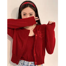 Conjunto de 2 piezas de cárdigan y camisola para mujer, suéteres bordados de punto rojo, Top corto elegante de manga larga, ajustado, 2021 2024 - compra barato