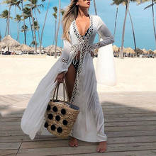 Hollow Crochet Swimsuit Beach Dress 2020 White Cover Up Women Lace Up Tunic Wear Dress Ladies Sexy Swimwear Female Cover-ups 2024 - buy cheap