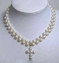 Jewelry Pearl Necklace 7-8mm Charming White Akoya Cultured Pearl Cross Pendant Necklace 18" Free Shipping 2024 - buy cheap