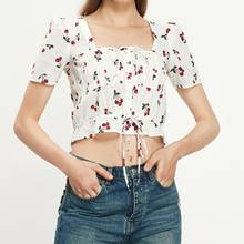 Women's Square Collar Blouses Cherry Print Short-sleeved Fresh Sweet Lace-up Buttons 2021 Spring Summer Female Shirt Top 2024 - buy cheap