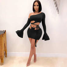 Sexy Night Party Two Piece Skirt Set for Women Irregular Neck Flare Sleeve Wrapped Crop Top and Lace Up Mini Skirt Suit Clubwear 2024 - buy cheap