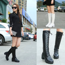 2020 Autumn And Winter New Ladies Fashion Lace Boots High Heel Thick With Long Tube Pu Women's Boots Casual Versatile Boots 2024 - buy cheap