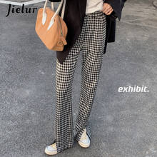 Jielur New Spring Pants Female S-L High-waisted Straight Trousers Women Chic Split High Street Casual Black Plaid Pants 2021 2024 - buy cheap