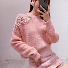 Autumn Winter Female Beaded Thick Loose Mohair Pullovers Off Shoulders Mink Cashmere Pearls Sweater Furry Shirts Knit Crop Tops 2024 - buy cheap