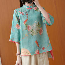 Traje Tang de algodón y lino para mujer, Camiseta holgada de manga tres cuartos con estampado de estilo chino, servicio de té, novedad de otoño 2024 - compra barato