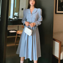 Vintage French High Waist Blue A-line Slim Long Dress Women Fashion Casual Vestidos Elegant Korean Office Lady Dress Sukienka 2024 - buy cheap