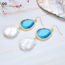 GuaiGuai Jewelry Natural Pearl Cultured White Keshi Pearl Blue Cat eye Cz Paved Hook Dangle Earrings For Women 2024 - buy cheap