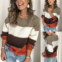 Женский вязаный свитер с длинным рукавом, повседневный теплый Свободный пуловер в полоску 2024 - купить недорого