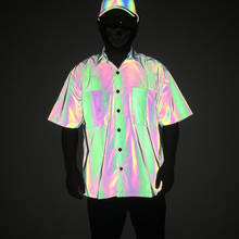 Colorful Reflective Men Short Sleeve Shirt Street Hip Hop Punk Blouse Man Vintage Casual Rainbow Street Loose Reflective Shirts 2024 - buy cheap